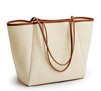KALIDI Straw Tote Beach Bag Striped Shoulder Handbag Stitch Woven PU Leather Handle Zipper Closure Inner Pocket Travel Shopping Picnic