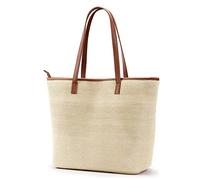 KALIDI Straw Tote Beach Bag Striped Shoulder Handbag Stitch Woven PU Leather Handle Zipper Closure Inner Pocket Travel Shopping Picnic
