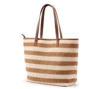 KALIDI Straw Tote Beach Bag Striped Shoulder Handbag Stitch Woven PU Leather Handle Zipper Closure Inner Pocket Travel Shopping Picnic