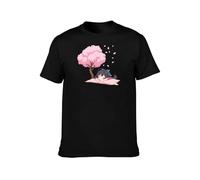 KALIKADUO Anime Cherry Blossom Nap T-Shirt, Black Cotton, Japanese Art Design S