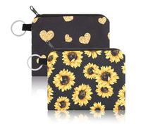 KALIONE 2 Pcs Small Black Canvas Purse Pouch, Sunflowers Coin Purse Fabric Coin Pouch with Key Ring, Zipper Heart Coin Bag, Travel Portable Keychain Wallet