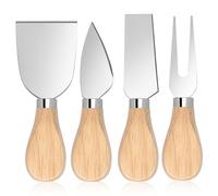 KALIONE 4 PCS Cheese Knives Set with Wooden Handle, Butter Cutter, Mini Stainless Steel Cheese Fork Knives Shovel for Cheese Slicer, Cake, Dessert and Butter Cutter