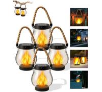 Kaliqo Solar Lantern Outdoor Lights with Dancing Flame, Outdoor Waterproof Hanging Flickering Solar Lights with Hemp Rope, USB Dual Charging Modes for Garden & Yard & Camping (4PCS)
