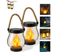 Kaliqo Solar Lantern Outdoor Lights with Dancing Flame, Outdoor Waterproof Hanging Flickering Solar Lights with Hemp Rope, USB Dual Charging Modes for Garden & Yard & Camping (2PCS)