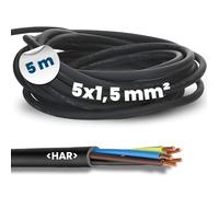 Kalitec 5m H07RN-F 5G1.5 Rubber Cable, 5x1.5 mm² Outdoor Power Line, Black | UV and oil resistant heavy duty connection cable, suitable for construction sites, tools and industrial equipment