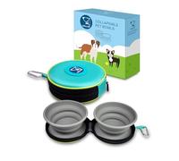 KALLAK Portable 2 in 1 Pet Bowls with Zipper Carrying Case and Carabiner, Collapsible Double Travel Dog Bowls for Food and Water Feeding, Foldable Camping Dog Cat Bowl
