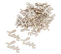 KALLORY 30pcs Love Themed Wood Ornaments Heart Word Wall Signs with Intricate Hollow Patterns Beige Wooden Pieces Versatile Use Easy to Match for Wedding Decorations