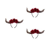 KALLORY 3pcs Halloween Demon Horn Headbands Burgundy Flower Headwear Unique Cosplay Accessories for Women Themed Parties and Costume Events