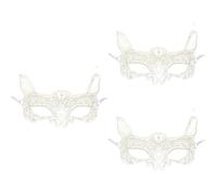 KALLORY 3pcs White Lace Cat Style Eye Masks Hollow Half Face Masquerade Masks for Halloween Party Carnival Costume Lace Eye Coverings for Women
