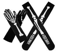 KALLORY 4pairs Halloween Skeleton Bone Gloves and Socks Black Cosplay Accessories for Horror Party Dress up Skeleton-print Gloves Thick Socks for Gothic Halloween Costume