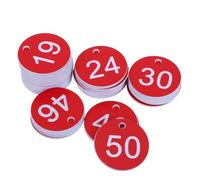 KALLORY 50pcs Red Plastic Numbered Hang Tags 1-50 Round Reusable Keychain Identification Labels for Locker Hotel Cloakroom Sauna Queue Management