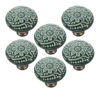 KALLORY 6pcs Ceramic Cabinet Knobs Set Embossed Green Porcelain Drawer Pull Handles for Kitchen Cupboard Wardrobe Doors, Decorative Interior Door Handles for Home Furniture