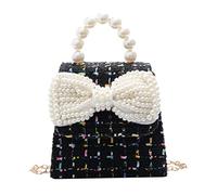 KALLORY Elegant Little Girl Pearl Crossbody Bag with Bowknot Design, Black Cotton and Linen Handbag with Pearl Handle, Stylish Single Shoulder Bag