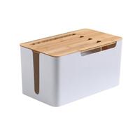 KALLORY Sturdy White Cable Organizer Box Made of Hips, Pp and Natural Bamboo, Convenient Storage Solution for Wiring Boards in Kitchen and Toilet, Cable Manager for Home Use