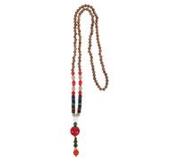 KALLORY Vintage Ethnic Wooden Bead Necklace Peace Buckle Pendant, Long Versatile Design for Men and Women, Unisex Meditation Prayer Accessory in Coffee Colour
