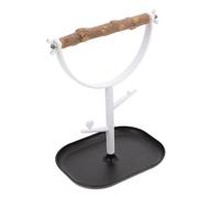 KALLORY Wooden Bird Perch Stand with White Plastic Rack for Parrots and Birds Sturdy Training Accessory that Reduces Loneliness and Pet Aggression
