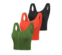 Kallspin 3pcs Set Basic Crop Tank Tops Sleeveless Knitted Vests Summer for Woman with Buttons (Black, Orange, Green, 2XL)
