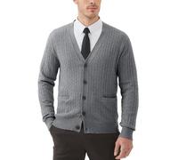 Kallspin Men’s Big Tall Wool Blend Cardigan Sweater Cable Knit V Neck Button Front Casual Knitwear Jumper(Light Grey, L-Tall)