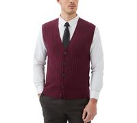 Kallspin Men’s Big Tall Wool Blend Sweater Vest Cable-Knit Button Front Sleeveless Cardigan Smart Casual Jumper Knitwear(Burgundy, 3XL-Tall)