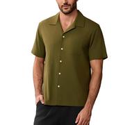 Kallspin Men’s Short Sleeve Shirt Cotton Blend Cuban Collar Lightweight Casual Summer Top Shirts(Olive Green, L)