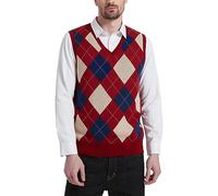 Kallspin Men's Big & Tall Argyle Sleeveless Jumpers Wool Blend Knitted Gilets V Neck Sweater Pullover Vest(Burgundy Red,L-Big & Tall)