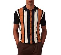 Kallspin Men's Vintage Knit Polo Shirt Short Sleeve Striped Button Down Knitting Golf Shirts(Black Small)