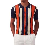 Kallspin Men's Vintage Knit Polo Shirt Short Sleeve Striped Button Down Knitting Golf Shirts(Navy Small)