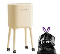 Kallwong High-Legged Trash Can with Lid, 4 Gallon Modern Small Garbage Bin with Wheels, Removable Inner Bucket, Beige, Includes 30 Garbage Bags