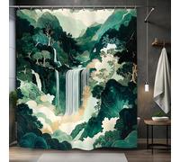 Kalmico Abstract Emerald Dark Green Shower Curtain 60Wx72L Inch Waterfall Mountain Forest Aesthetic Landscape Scenery Bathroom Set Accessories Decor with 12 Pack Hooks