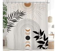 Kalmico Abstract Minimalist Shower Curtain 60Wx72L Inch Mid Century Sun Moon Phase Modern Contemporary Neutral Aesthetic Leaves Bathroom Set Accessories Decor with 12 Pack Hooks