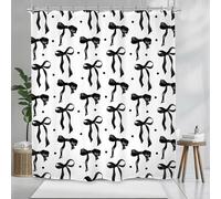 Kalmico Black White Bow Teen Girls Shower Curtain 60Wx72L Inch Cute Coquette Bowknot Retro Modern Fancy Trendy Preppy Bathroom Set Accessories Decor with 12 Pack Hooks