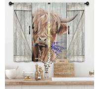 Kalmico Bull Highland Cow Farmhouse Kitchen Curtains 27.5W x 39L Inch Rustic Barn Door Country Western Rural Wood Wooden Rod Pocket Short Cafe Small Window Treatment Drapes Decor 2 Panels
