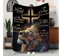 Kalmico Lion Bible Christian Blanket Man Masculine Quotes Positive Inspirational Motivational Cross Birthday Presents Home Bedroom Decor Soft Cozy Plush Throw Blankets 50"x60"