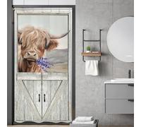 Kalmico Stall Bull Highland Cow Shower Curtain 36Wx72L Inch Funny Barn Door Small Half Narrow Farmhouse Rustic Wood Wooden Vintage Animal Bathroom Set Accessories Decor with Plastic Hooks