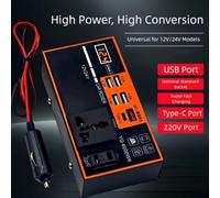 Kalokairi Car Power Inverter 200W DC 12V/24V to AC 220V Converter with USB PD Fast Charging, 6 Ports, Digital Voltage Display, for Laptops, Smartphones, Kettles - Black + Orange