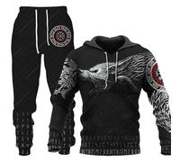 KaloKLU 2 Piece Jogging Set Sweatshirt Hoodie Pants Men Wolf Print Hat Long Sleeve Casual, 10, S
