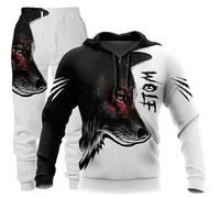KaloKLU 2 Piece Jogging Set Sweatshirt Hoodie Pants Men Wolf Print Hat Long Sleeve Casual, 13, L