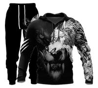 KaloKLU 2 Piece Jogging Set Sweatshirt Hoodie Pants Men Wolf Print Hat Long Sleeve Casual, 16, XXL