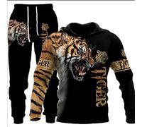 KaloKLU 2 Piece Jogging Set Sweatshirt Hoodie Pants Men Wolf Print Hat Long Sleeve Casual, 8, L