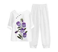 KaloKLU Clothing Short Sleeve Printed Dresses Pants 2pcs Set Meditate Train Suit Worship Meditation Clothing Effort Service, 1, L