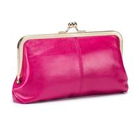 KaloKLU Echtleder Große Geldbörse für Frauen, Vintage Damen Kuss-Schloss Portemonnaie, Elegant Handy Geldbeutel mit Reißverschluss Münzfach, Goldene Hardware, Rot, Helles Pink, normal