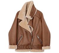 KaloKLU Women Winter Flap Wool Jackets Fur Collar Zipe Zipper Parka Warm Thick Outerwear Leather Outerwear Leather Jacket Lambskin Leather, Brown, M