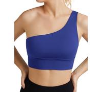 KaloKLU Women's One Shoulder Sports Bra with Removable Pads Medium Support Workout Asymmetric Left Shoulder Bra, Shiny blue, M
