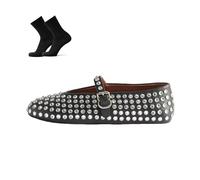 KaloKLU Womens Studded Rhinestone Mesh Ballet Flats Ultra Comfortable Buckle Strap Ballet Flats, Black, 7 UK