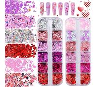 Kalolary 2 Boxes Heart Nail Art Glitter Sequins, Valentine's Day Nail Glitter Sequins, Holographic Heart Laser Nail Sequin, Nail Glitter Sequins for Valentine's Day Nail Decorations Designs Manicure-A
