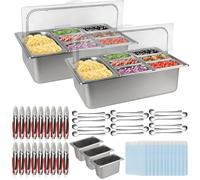 Kalolary 2 Sets 10 Pans Pizza Topping Station with Ice Boxes Spoons Clips