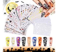Kalolary 24 Sheets Halloween Nail Art Stickers Decals, 3D Self-Adhesive Gold Silver Nail Art Stickers Pumpkin Moon Star Bat Spider Skull Ghosts Tattoos for Halloween Nail Art DIY Decoration