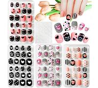 Kalolary 96PCS Kids False Nail, Children Nails Press on Pre-glue Full Cover Dot Heart Pattern Short False Nail Kits with 1pcs Nail Glue Sticker, Lovely Gift for Kids Little Girls - C