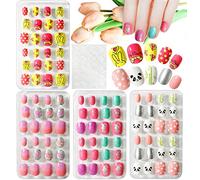 Kalolary 96PCS Kids False Nail, Children Nails Press on Pre-glue Full Cover Panda Bunny Pattern Short False Nail Kits with 1pcs Nail Glue Sticker, Lovely Gift for Kids Little Girls - D