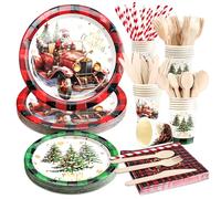 Kalolary Christmas Tableware Set, Paper Plates and Napkins Sets Red Buffalo Plaid Pickup Truck Xmas Tree Party Decorations Dinnerware Set (Red Car and Green Tree)
